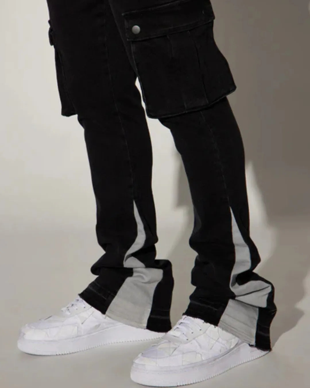 Novamen Men's Stacked Flared Cargo Jeans with Contrast Panels