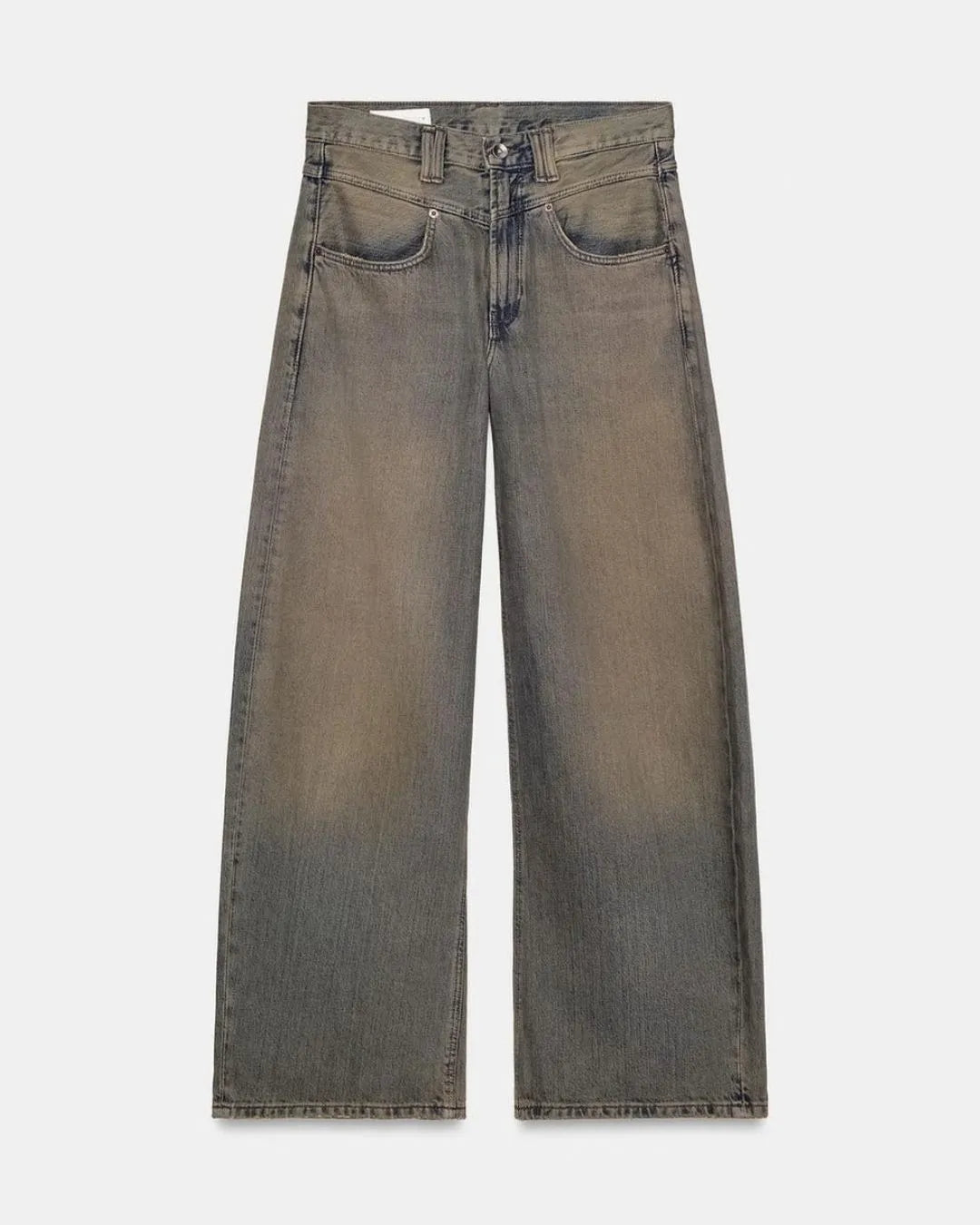 Zara Women Wide Leg Denim Jeans Vintage Olive Wash