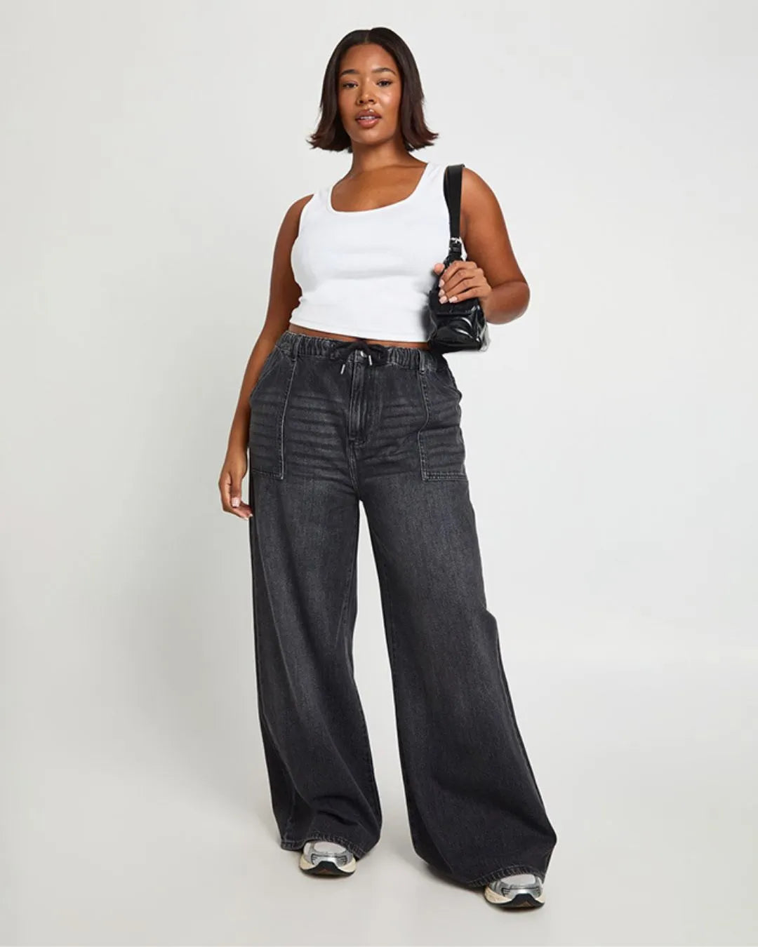 Women's Black Washed Elastic Waist Wide Leg Denim Jogger Trouser