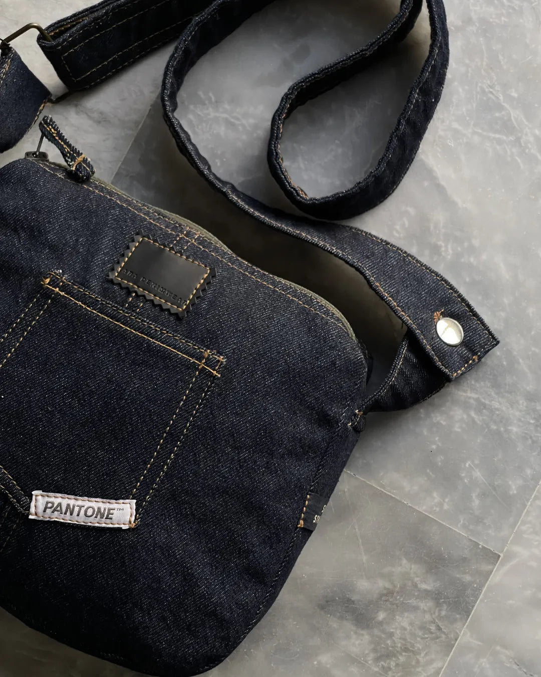 Raw Denim Shoulder Bag With Pocket And Mini Pouch
