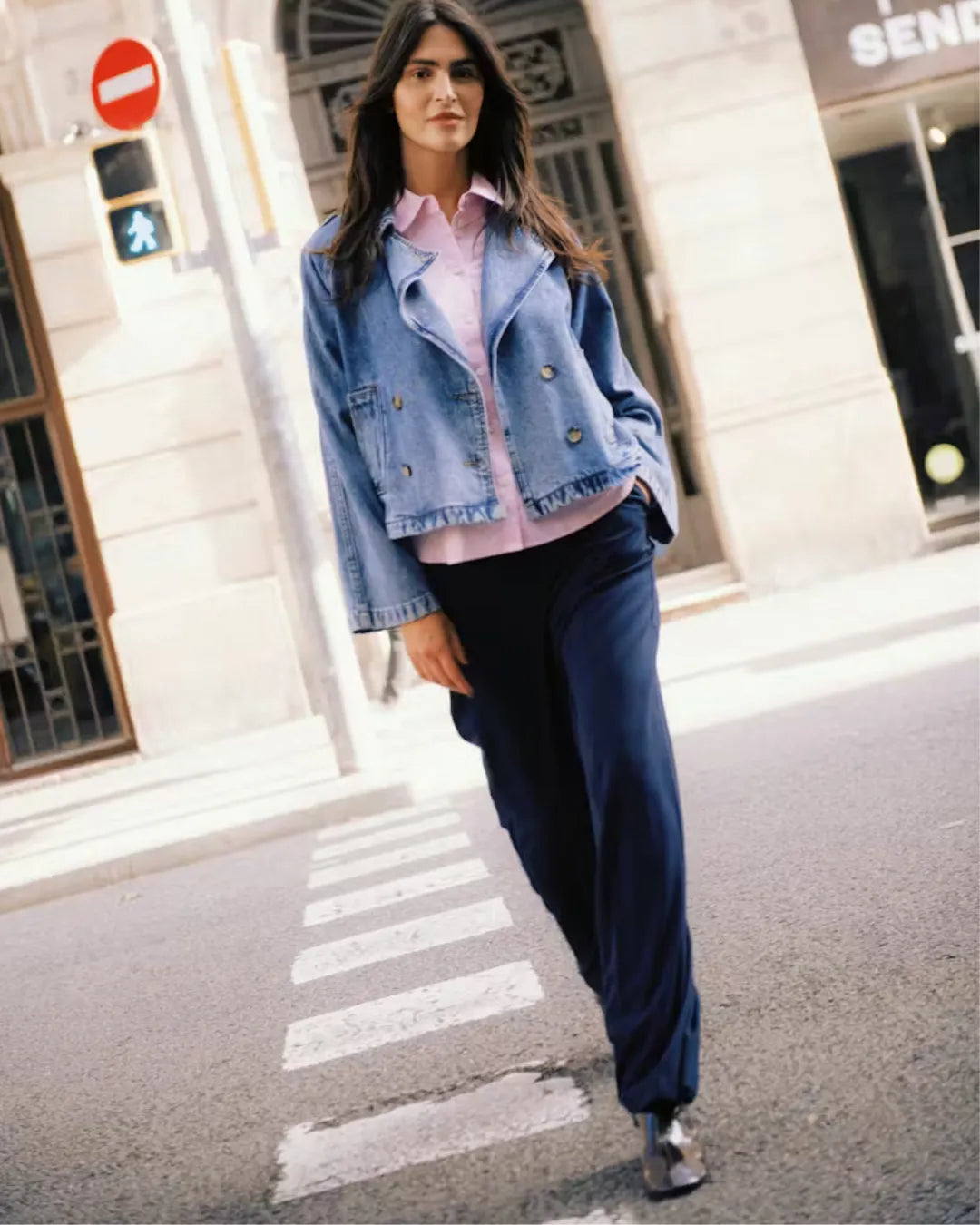 B Young Light Blue Denim Cropped Jacket for Women