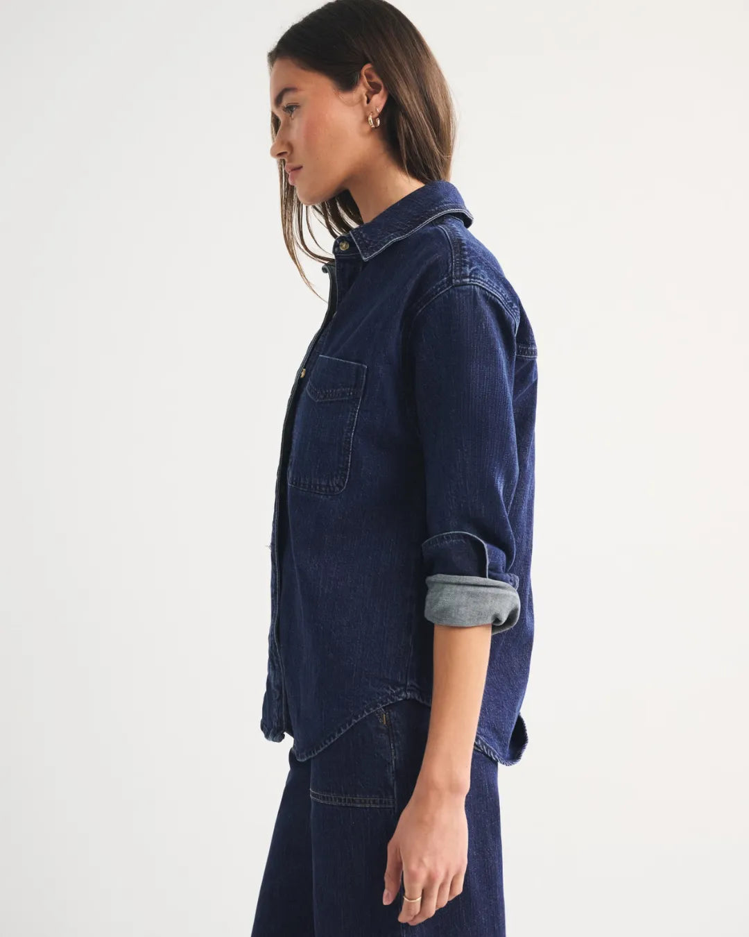 Lands End Dark Wash Denim Shirt Women Classic Fit
