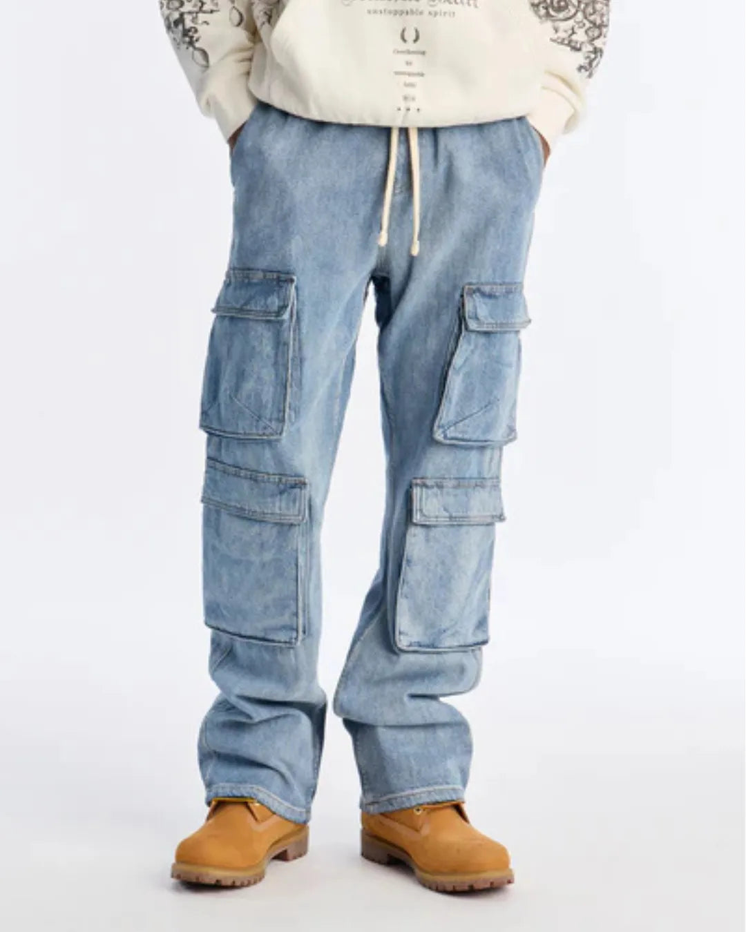 Novamen Men's 8-Pocket Relaxed Loose Fit Cargo Denim