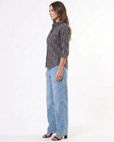 ONLY Women’s Rhinestone Studded Grey Denim Top with Cuffed Sleeves