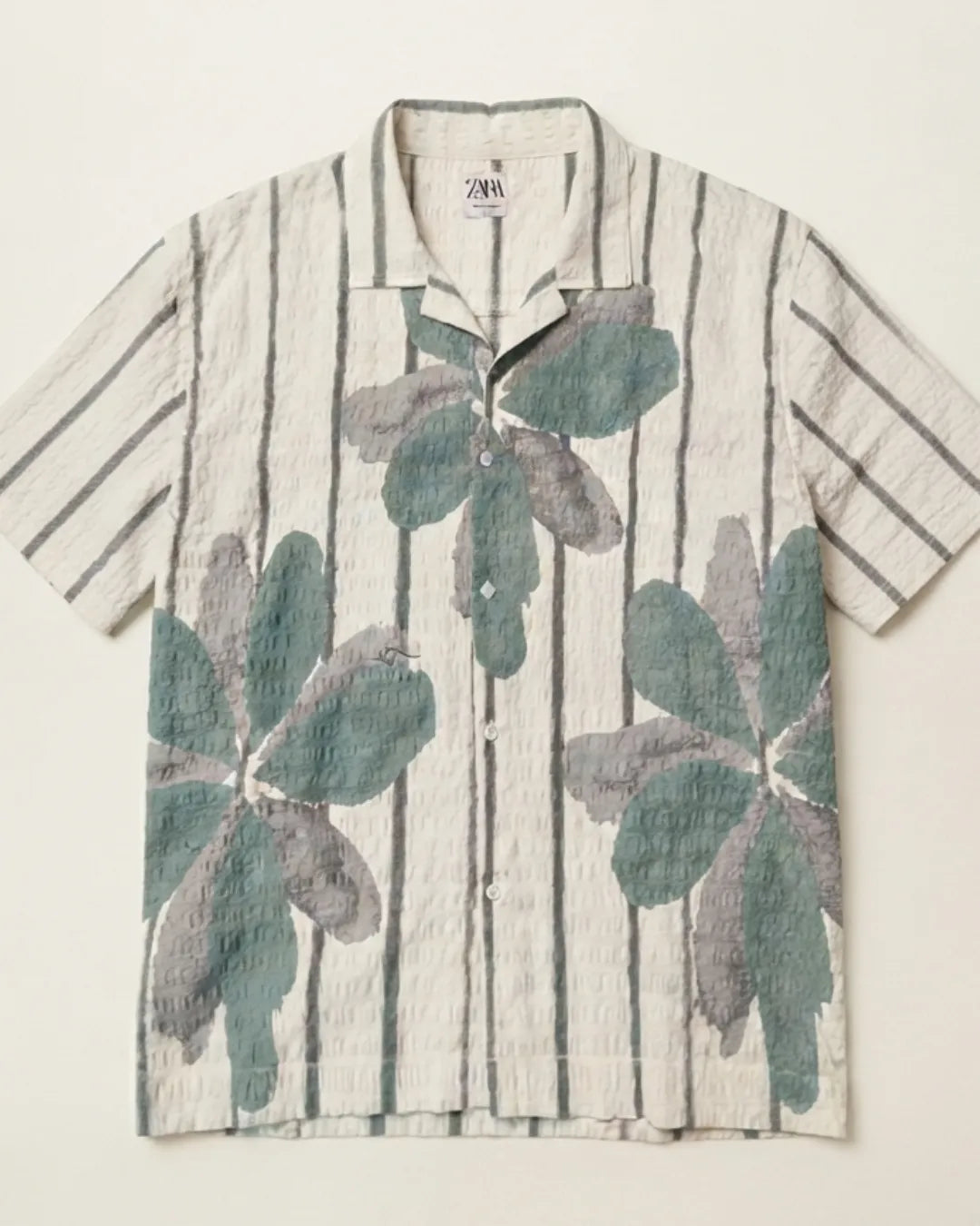 Zara Men's Textured Floral Print Cuban Collar Shirt