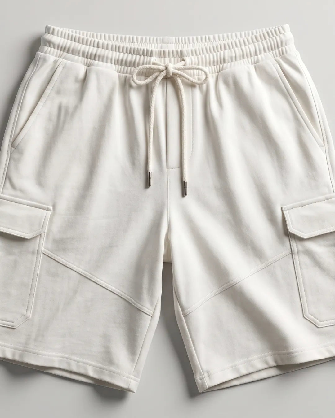 Off-white cargo shorts with an elastic drawstring waistband, laid flat on a light gray background.