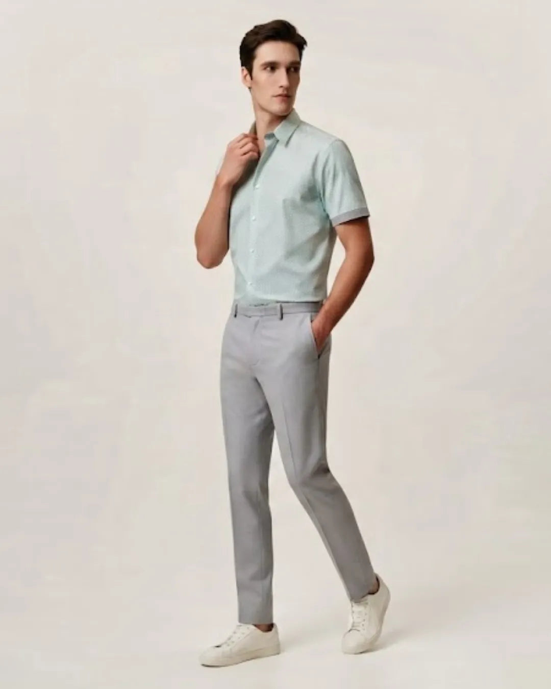 Zara Men Mint Green Dotted Print Cotton Cuban Collar Short Sleeve Shirt