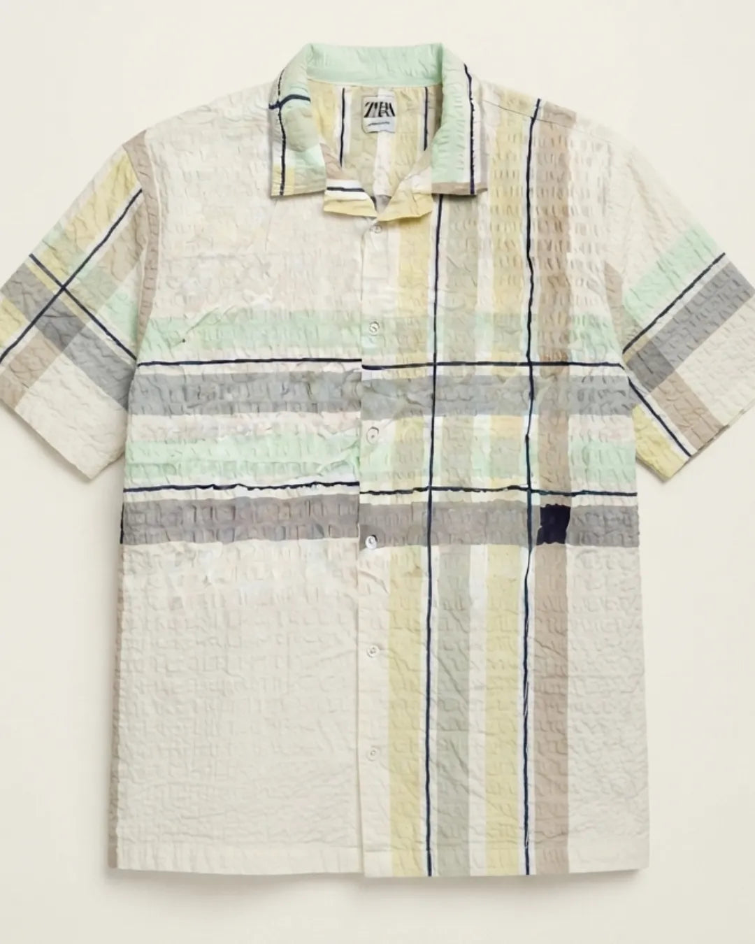 Textured Seersucker Plaid Cuban Collar Short-Sleeve Shirt