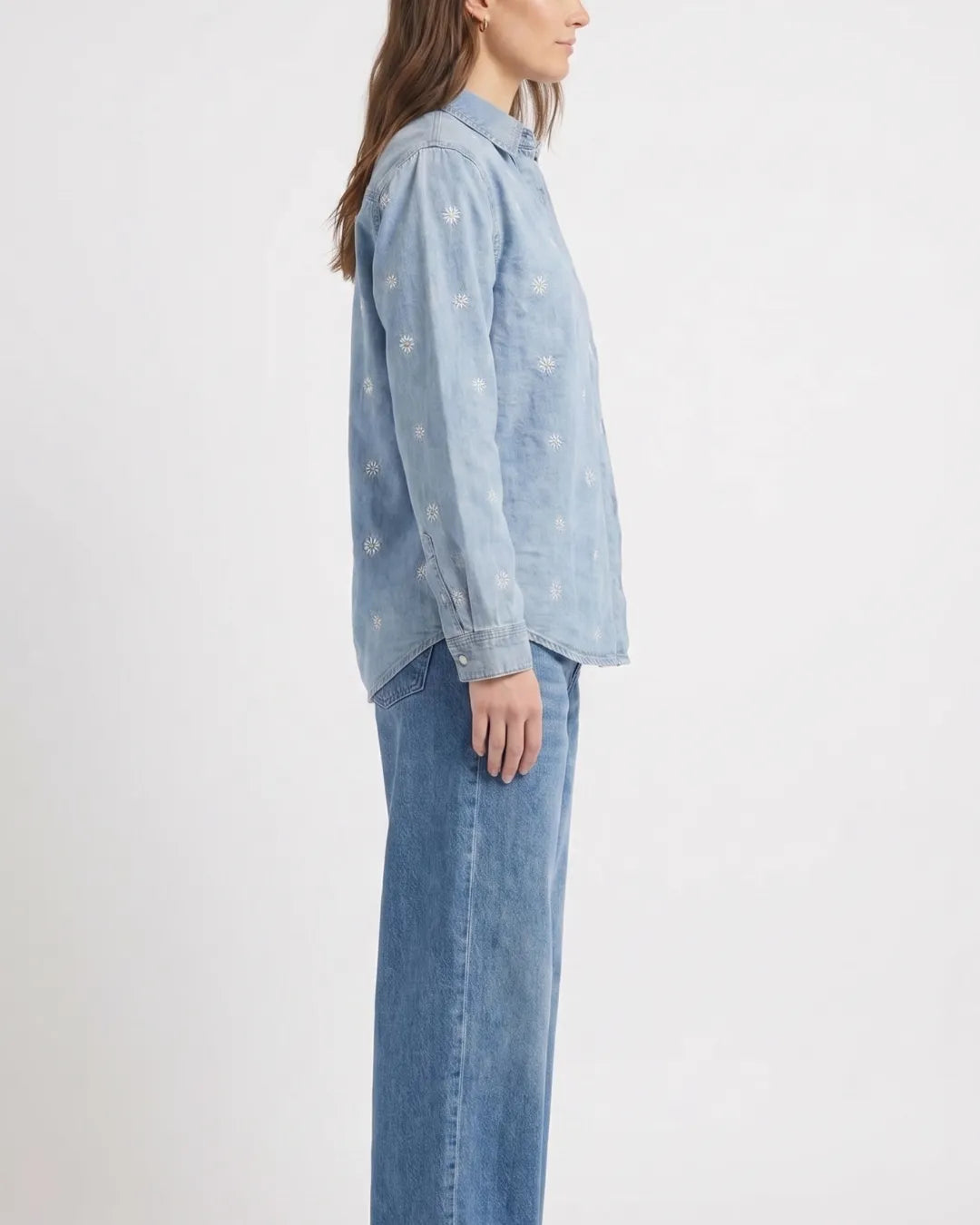 ONLY Women's Floral Embroidered Denim Shirt
