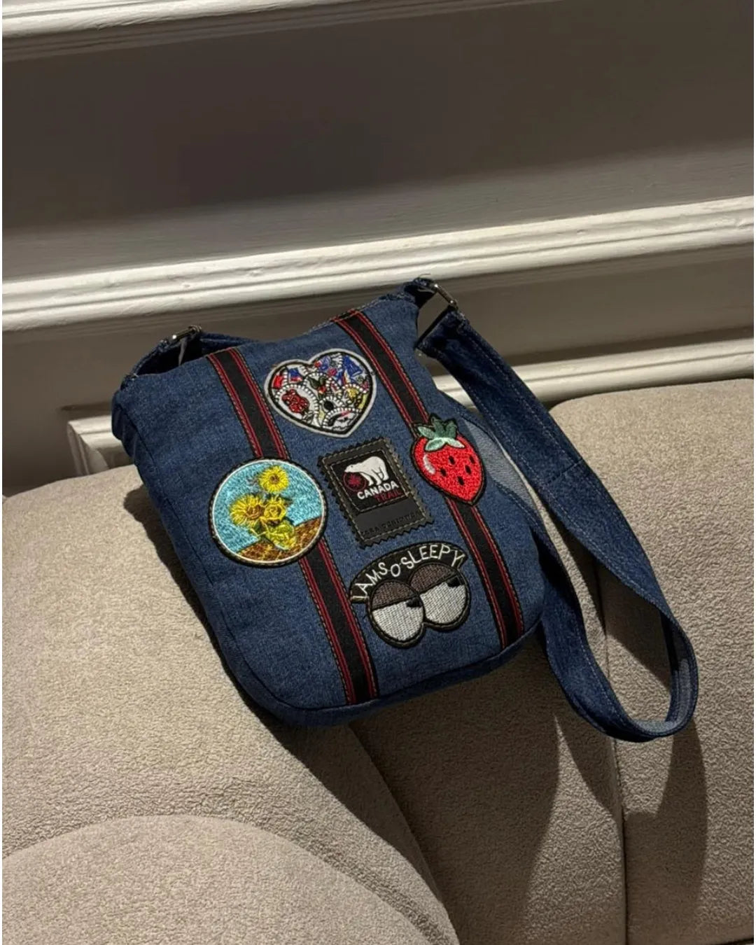 Upcycled Denim Patch Crossbody Bag Stylish Casual Bag