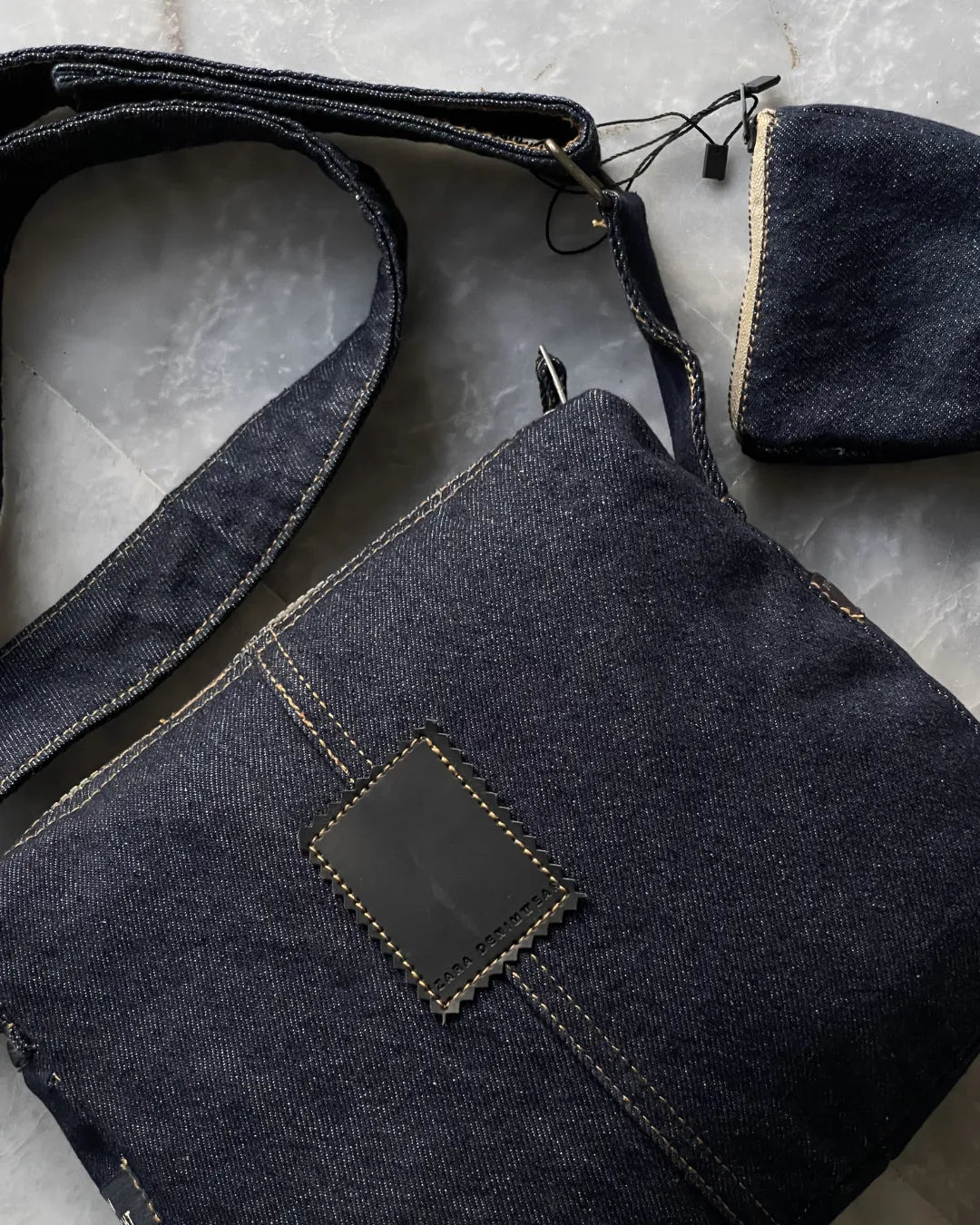 Raw Denim Shoulder Bag With Pocket And Mini Pouch