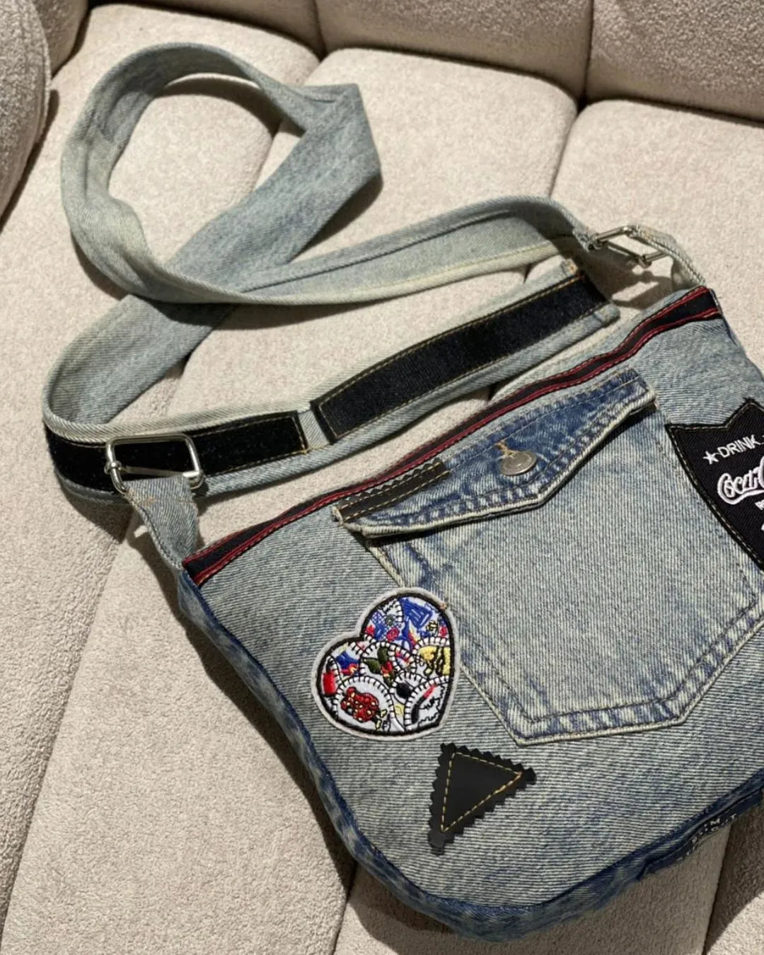 Y2K Vintage Vibe Denim Sling Bag with Patches