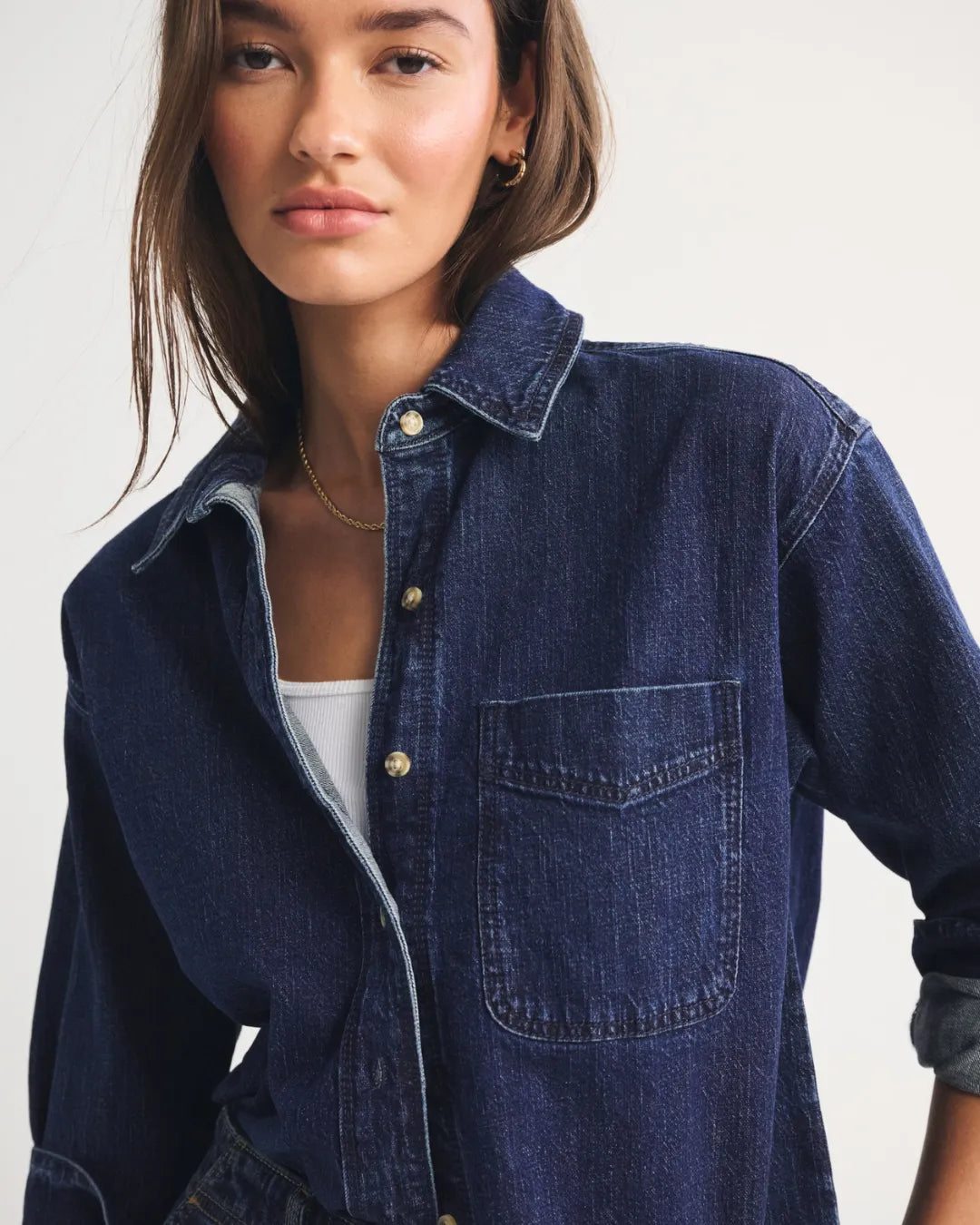 Lands End Dark Wash Denim Shirt Women Classic Fit