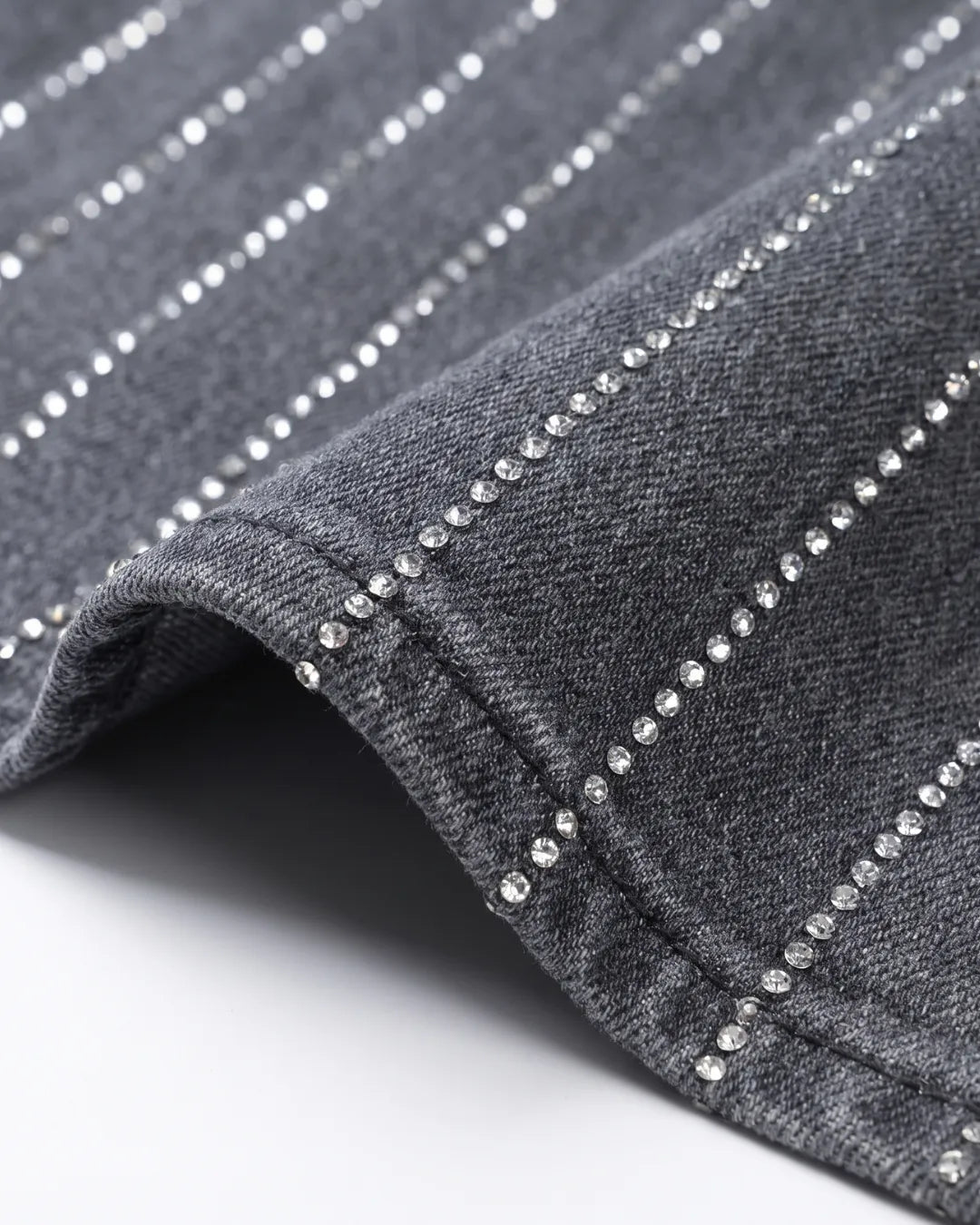 ONLY Women’s Rhinestone Studded Grey Denim Top with Cuffed Sleeves