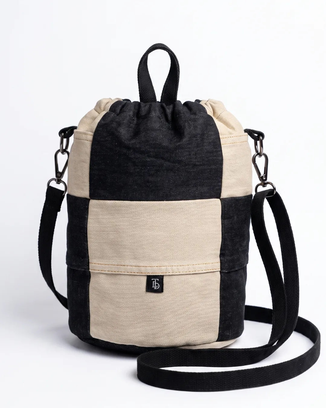 TLD Two-Tone Patchwork Denim Crossbody Bag – Unisex Drawstring Pouch Bag