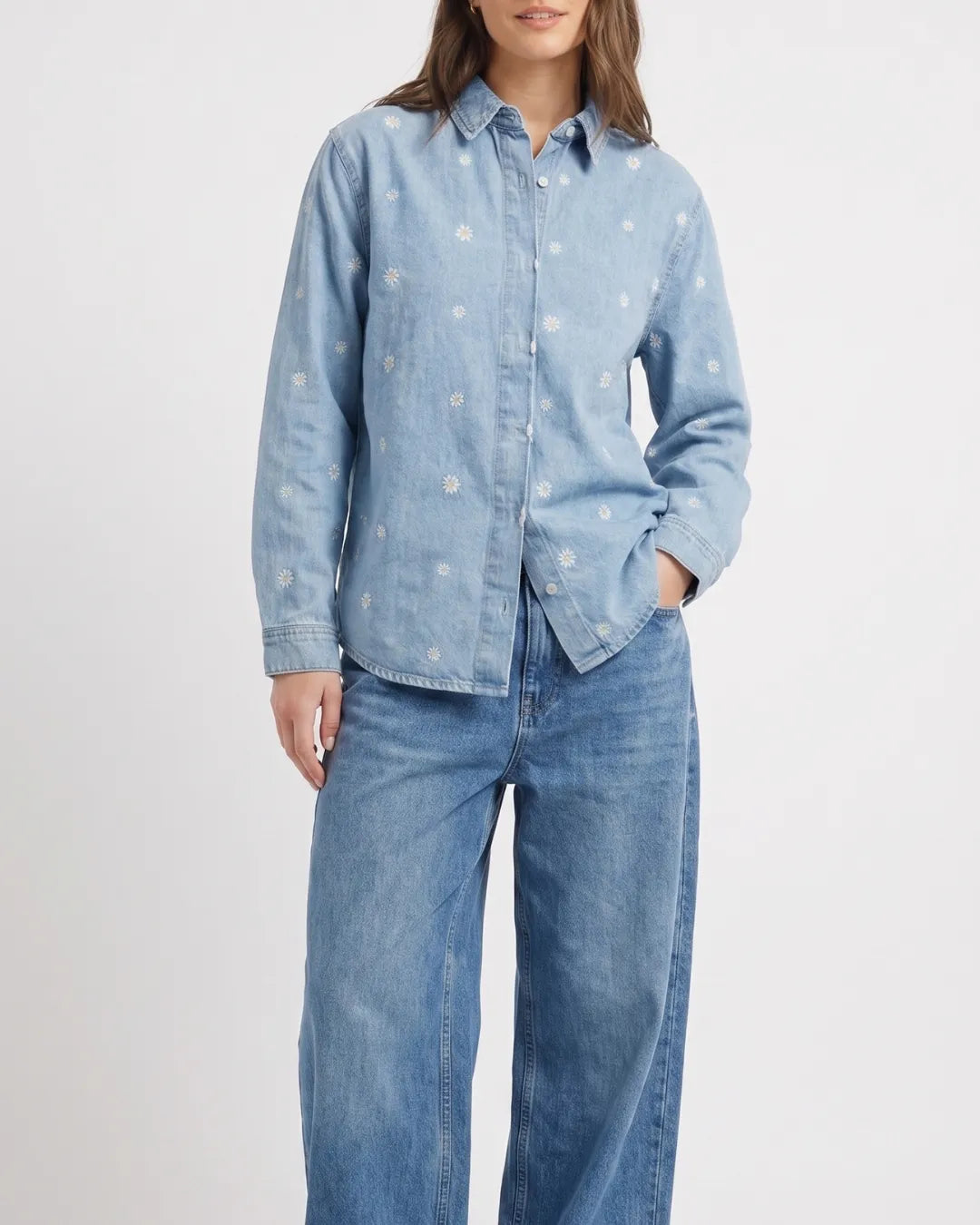 ONLY Women's Floral Embroidered Denim Shirt