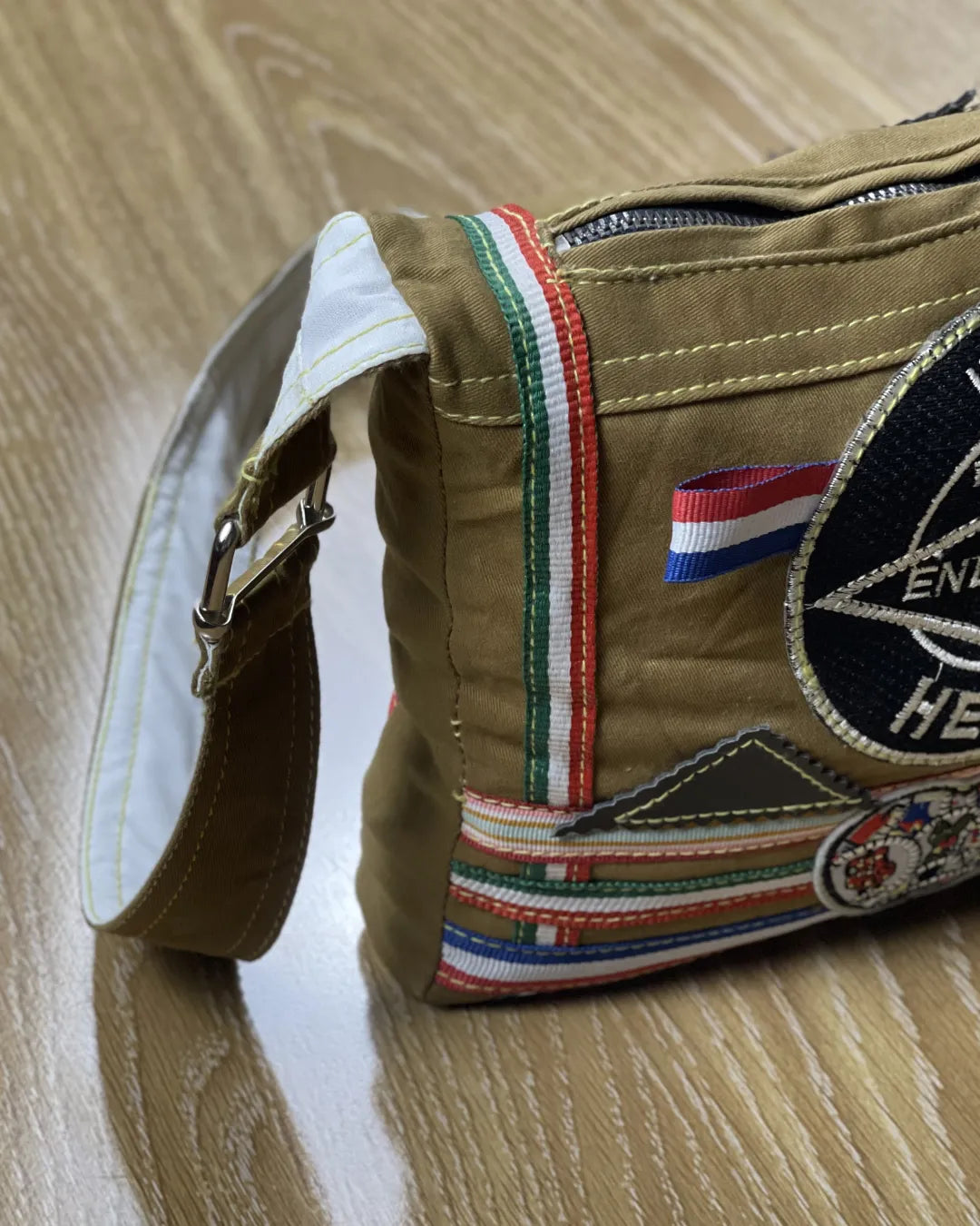 Upcycled Denim Crossbody Bag Khaki Brown Patch Style By TLD