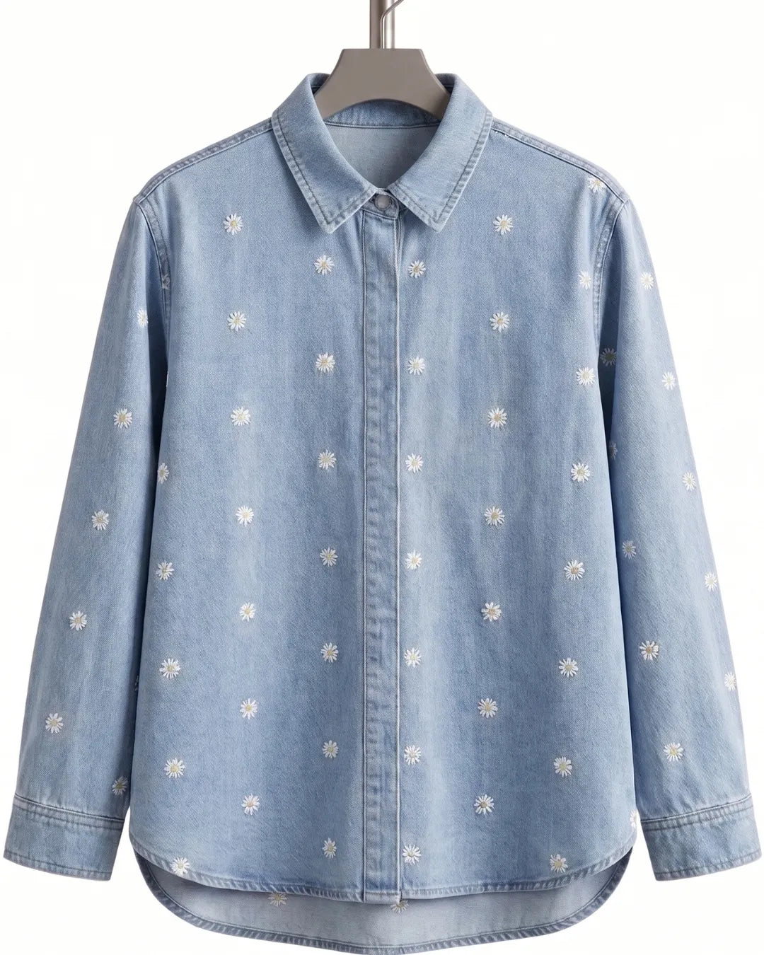 ONLY Women's Floral Embroidered Denim Shirt