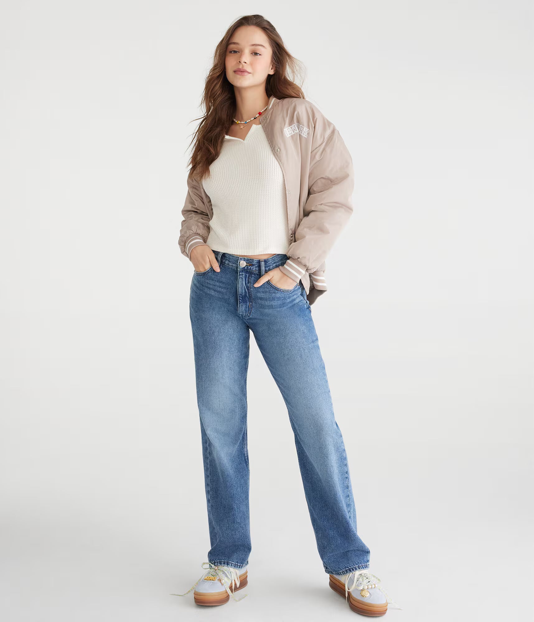 Women's Aeropstal High Rise Baggy Fit Jeans Denim Blue Color