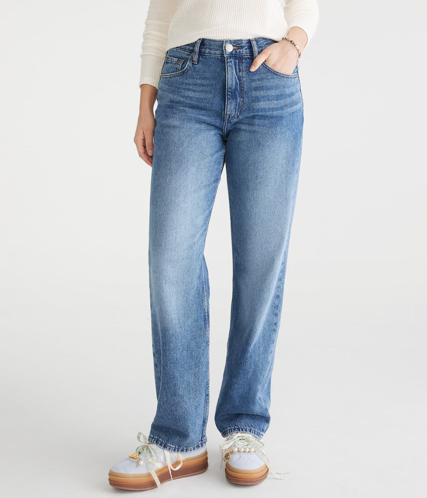 Women's Aeropstal High Rise Baggy Fit Jeans Denim Blue Color