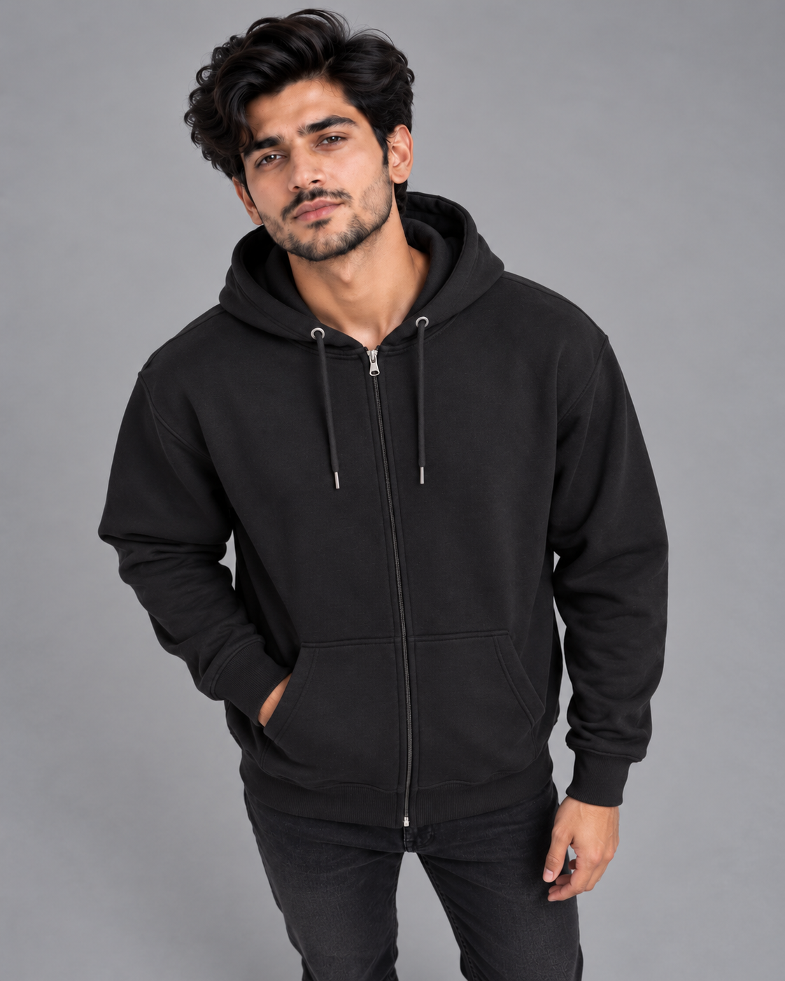 Men Black Zip-Up Hoodie