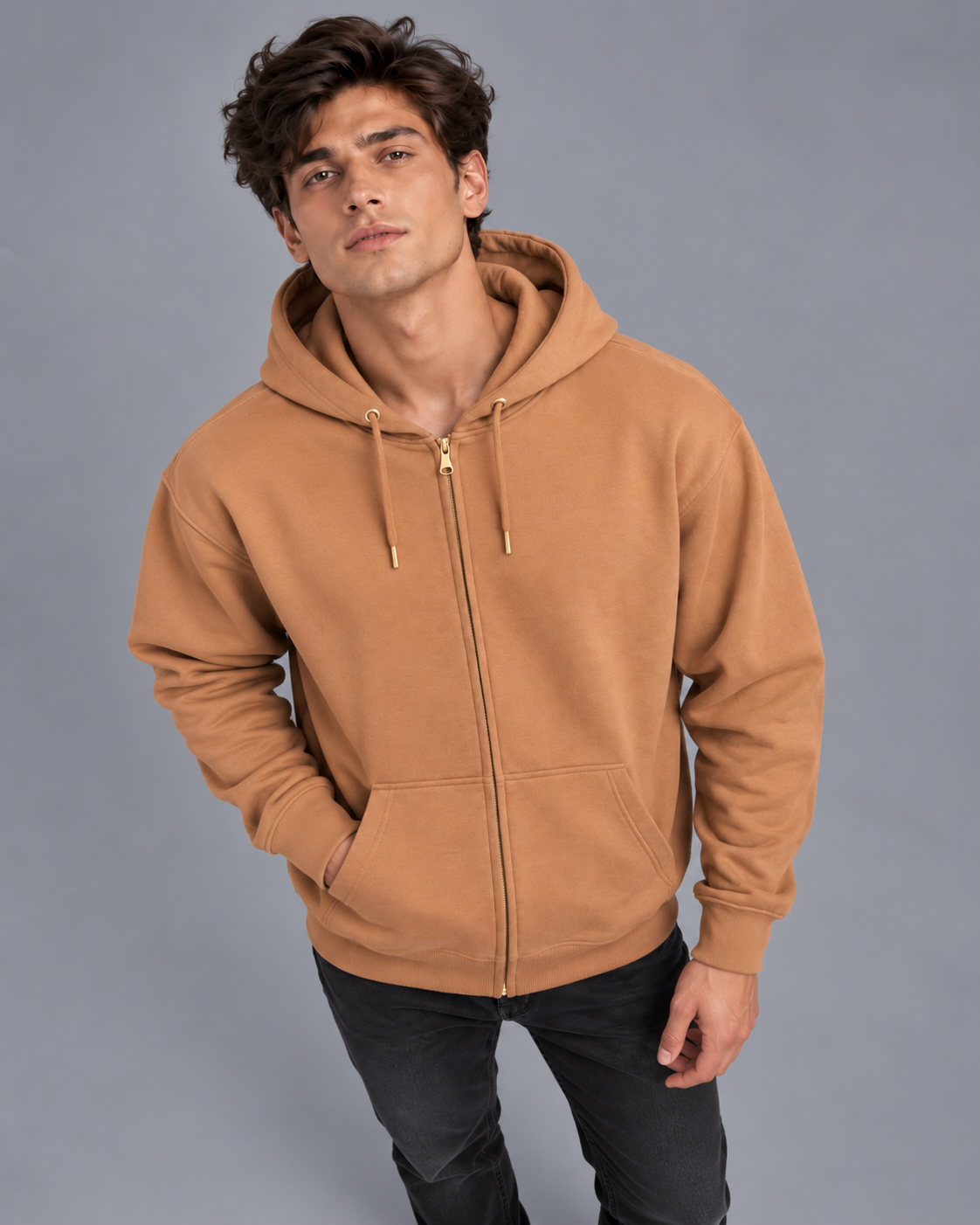 Men Camel Zip-Up Hoodie