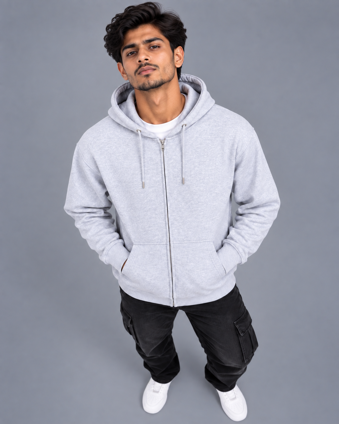 Men Light Grey Zip-Up Hoodie