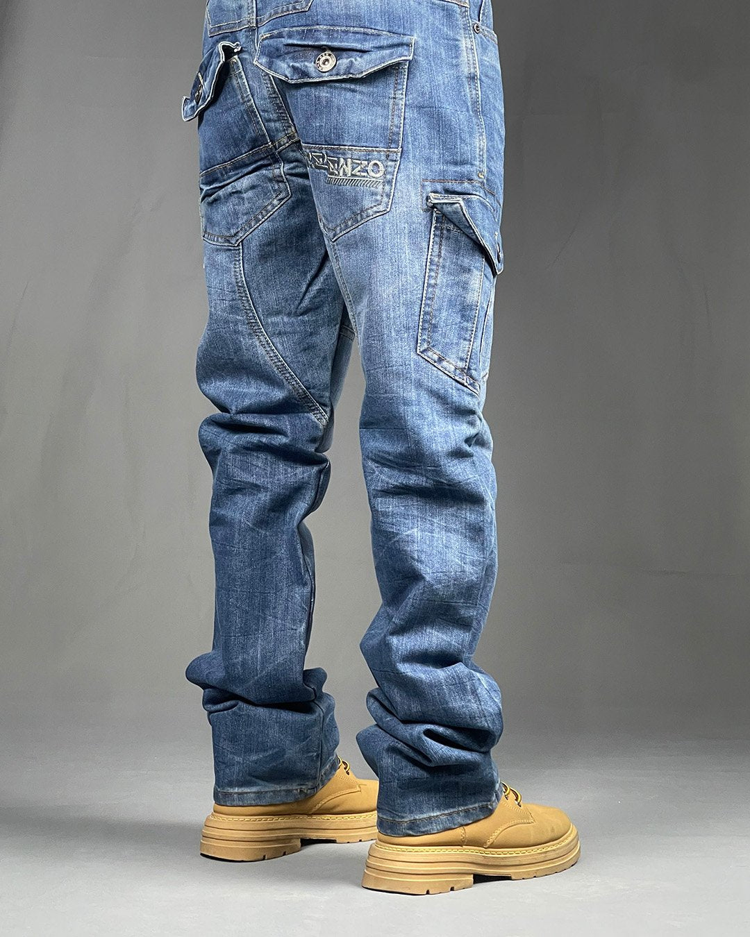 Enzo Men's 6 Pocket Cargo Light Blue Denim
