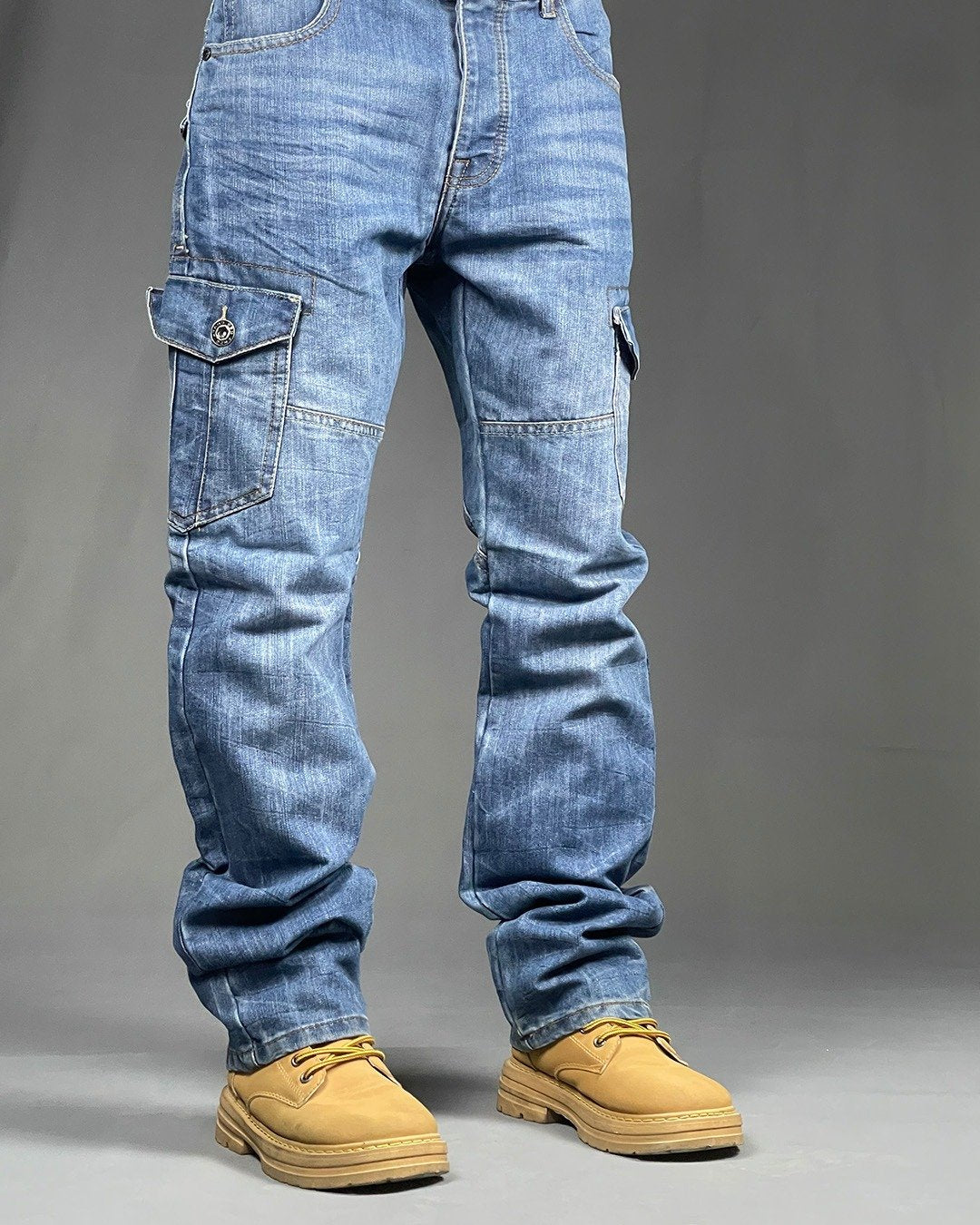 Enzo Men's 6 Pocket Cargo Light Blue Denim