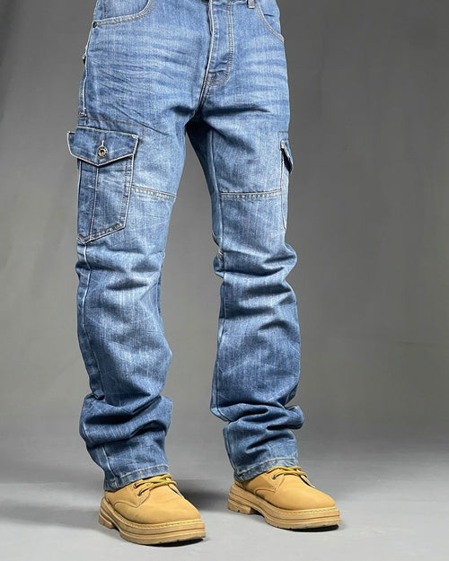 Enzo Men's 6 Pocket Cargo Light Blue Denim