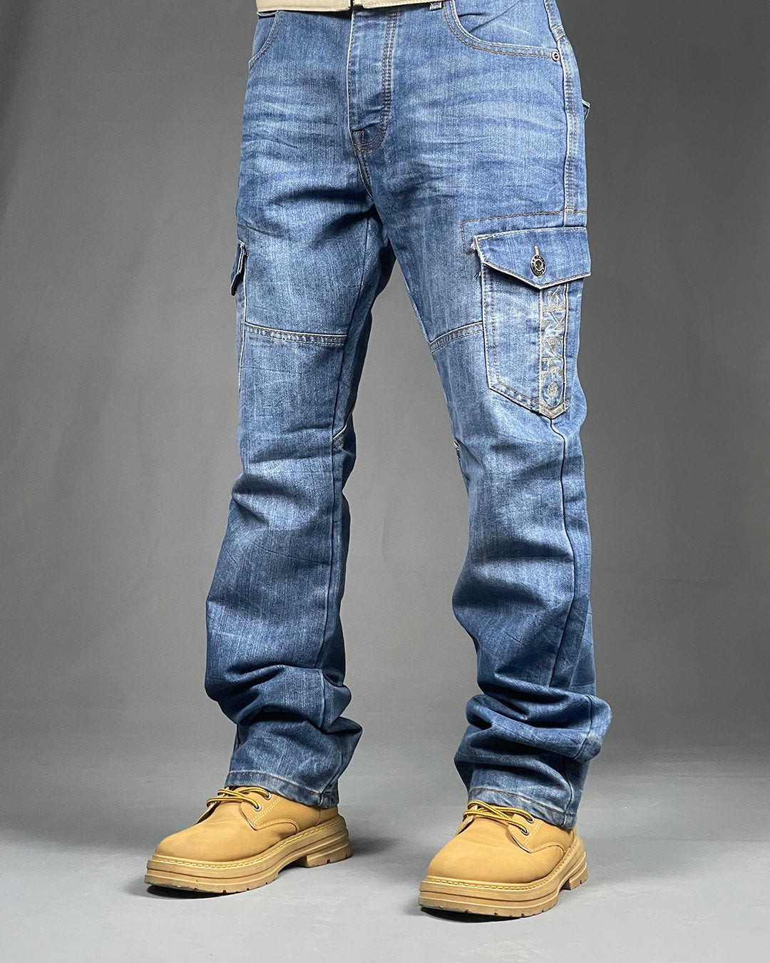 Enzo Men's 6 Pocket Cargo Light Blue Denim
