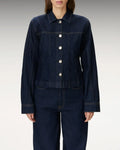 Dark Blue Denim Blouse With Embellished Buttons