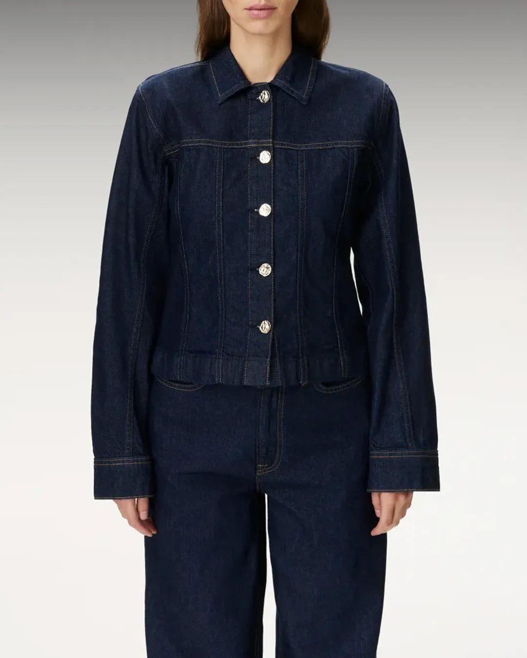 Dark Blue Denim Blouse With Embellished Buttons