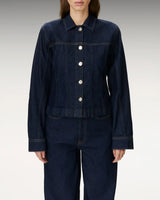 Dark Blue Denim Blouse With Embellished Buttons