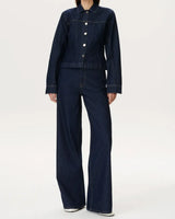 Dark Blue Denim Blouse With Embellished Buttons