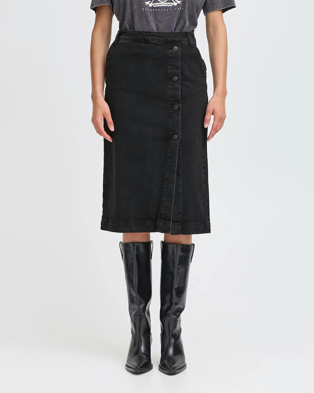 B.Young Black Denim Midi Skirt With Button Placket