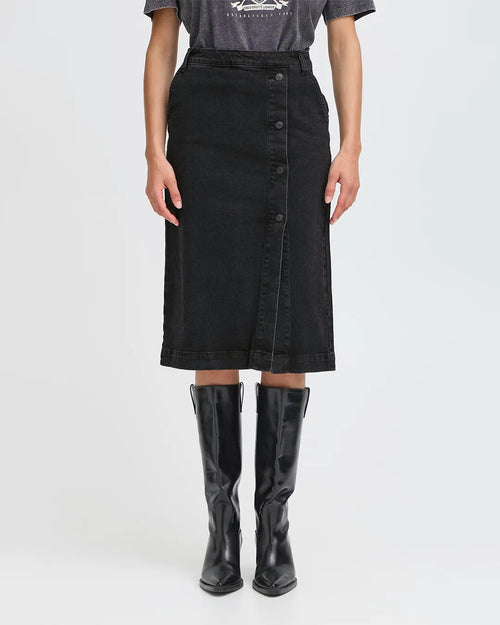 B.Young Black Denim Midi Skirt With Button Placket