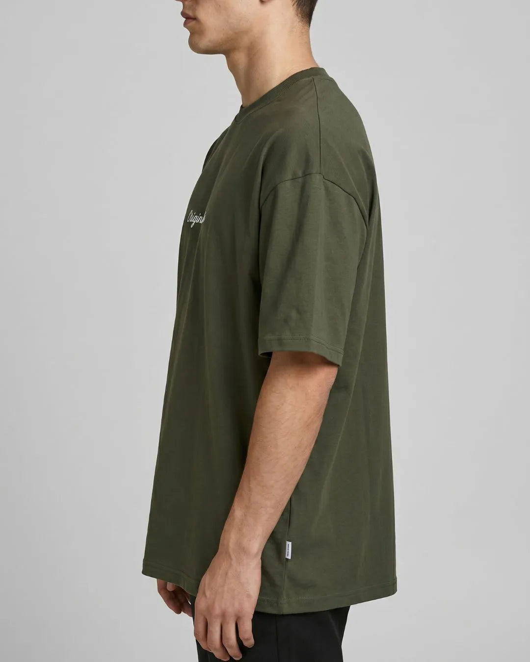 Men's Army Green Oversized Cotton T-Shirt with Logo Print