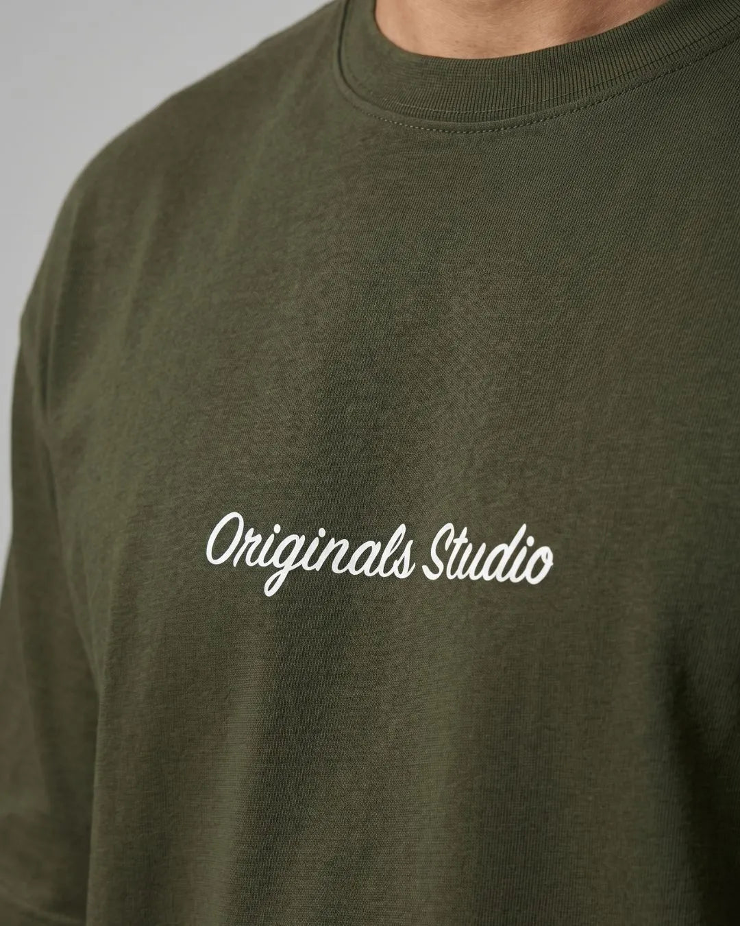 Men's Army Green Oversized Cotton T-Shirt with Logo Print