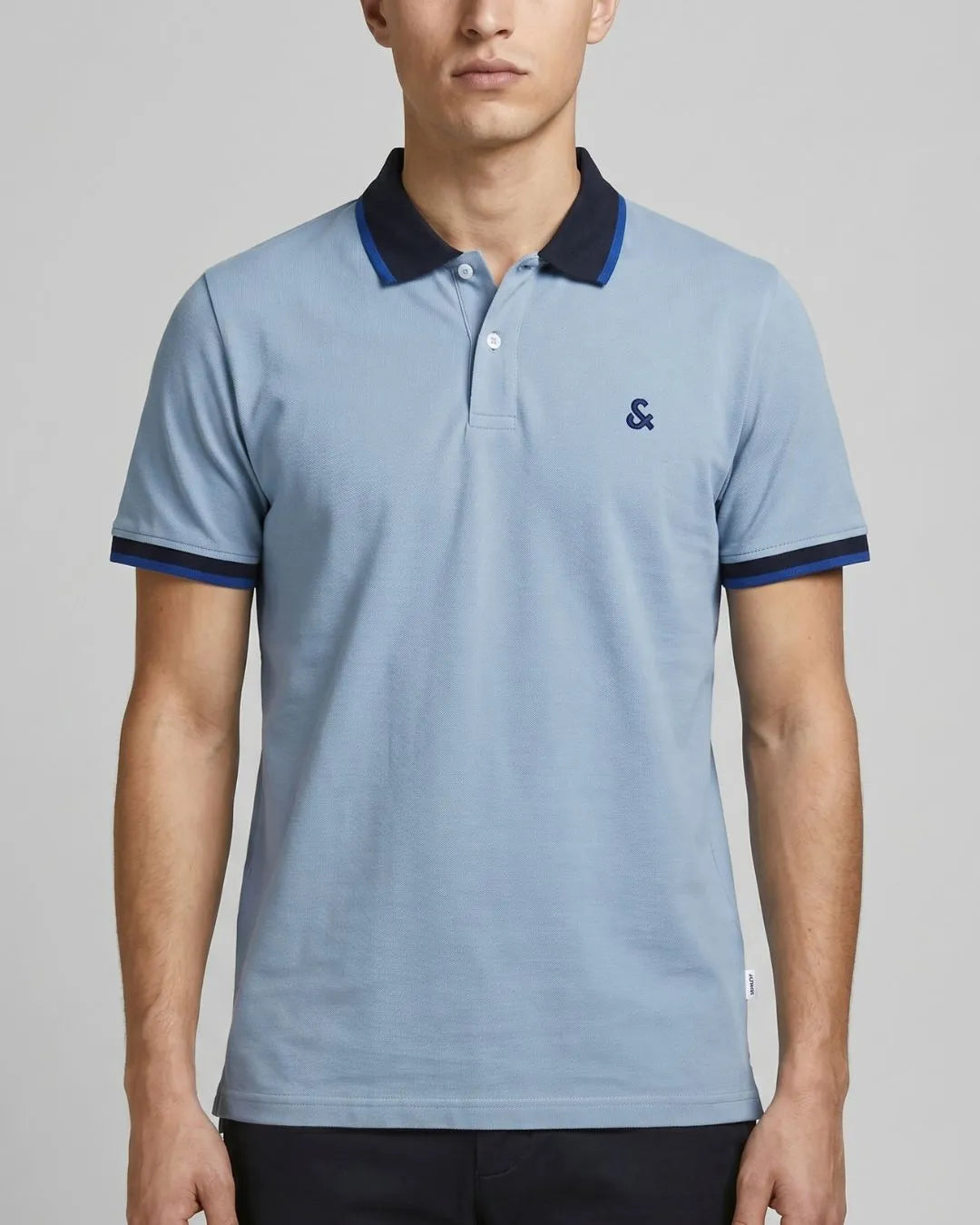 Men's Blue Contrast-Collar Polo Shirt with Embroidered Logo