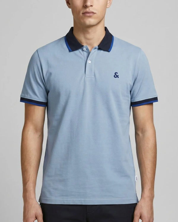 Men's Blue Contrast-Collar Polo Shirt with Embroidered Logo