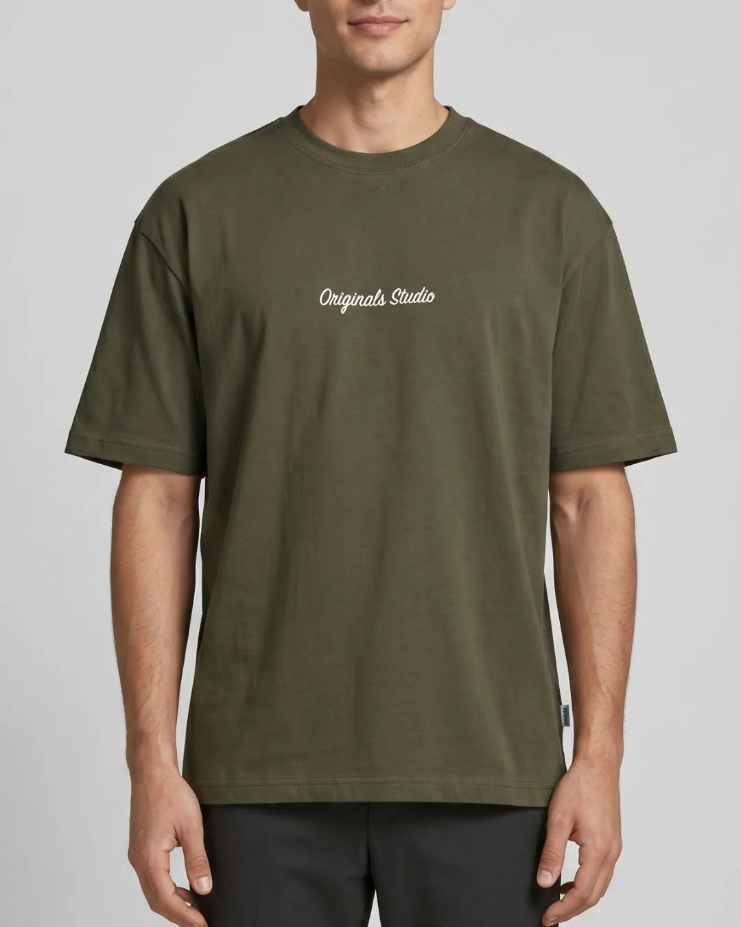 Men's Army Green Oversized Cotton T-Shirt with Logo Print