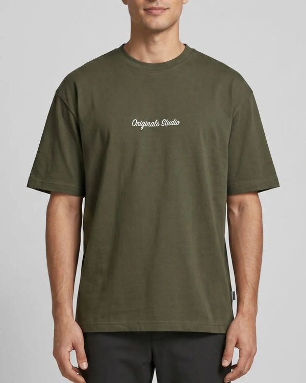 Men's Army Green Oversized Cotton T-Shirt with Logo Print