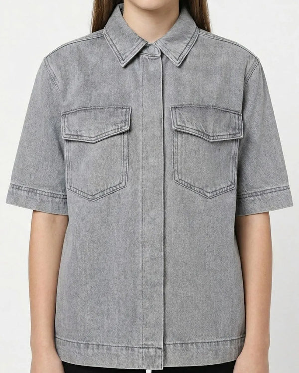 Girls Grey Denim Short Sleeve Casual Shirt