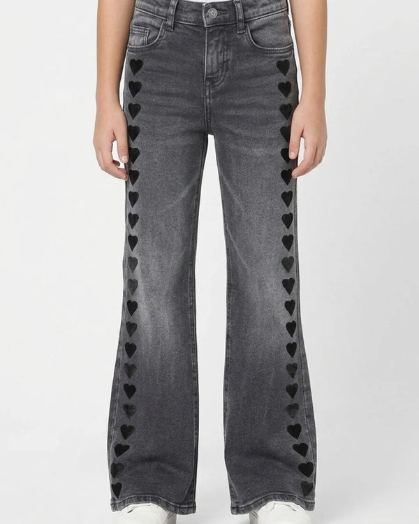 Only Girls Heart Embroided Flare Denim Jeans
