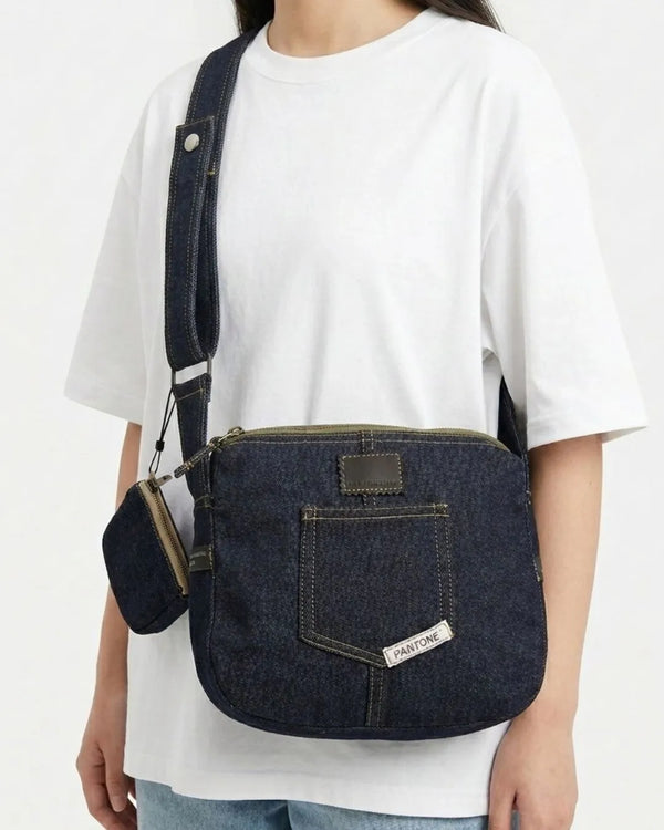 Raw Denim Shoulder Bag With Pocket And Mini Pouch