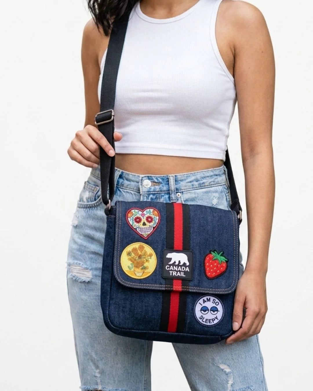 Upcycled Denim Patch Crossbody Bag Stylish Casual Bag