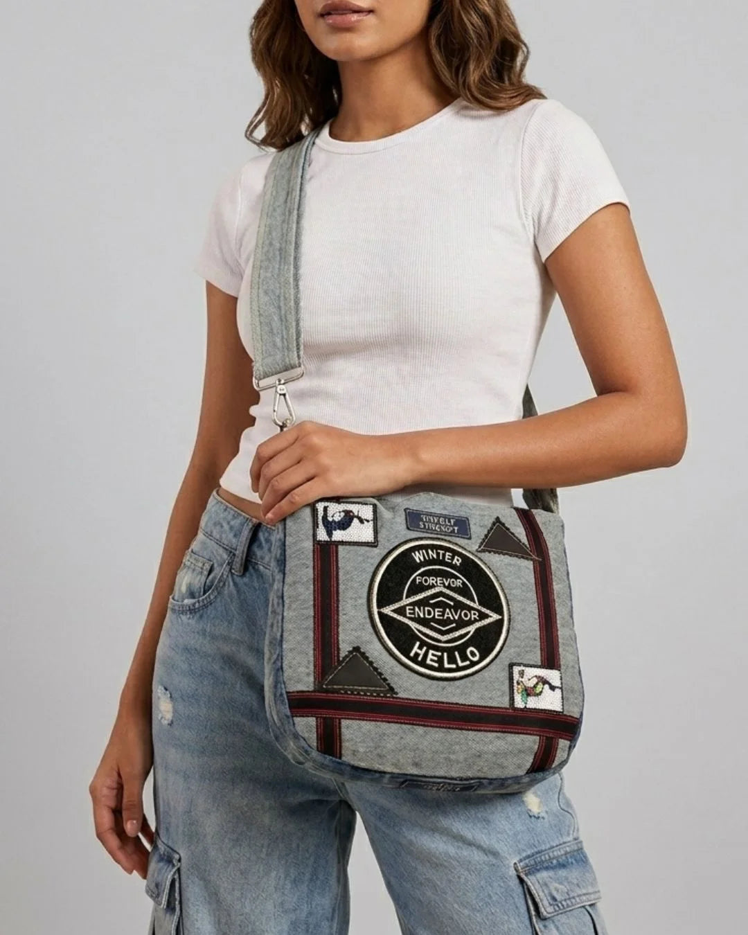 Y2K Vintage Vibe Denim Sling Bag with Patches