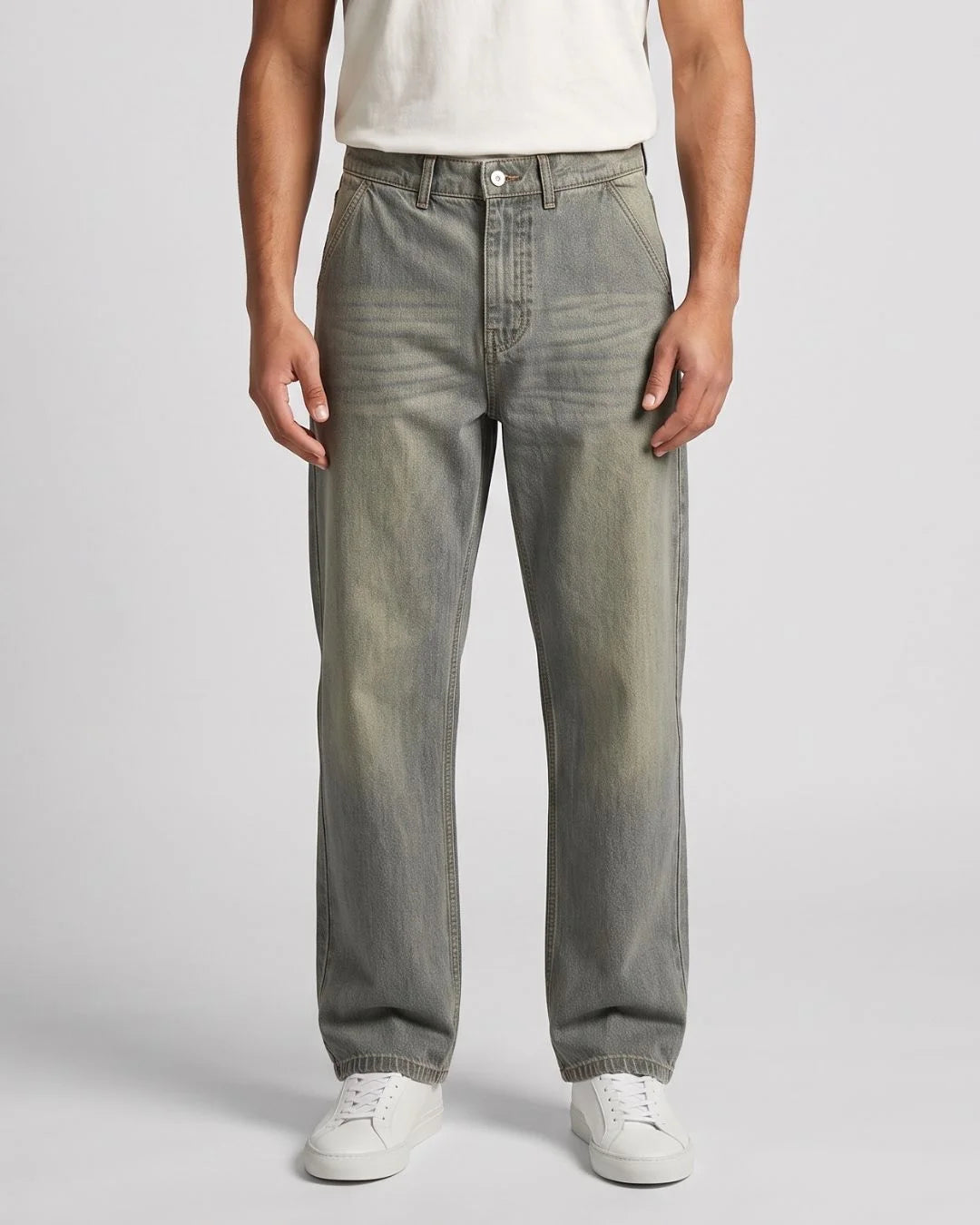 Men Relaxed Loose Fit Cross Pocket Denim Jeans Matcha Wash
