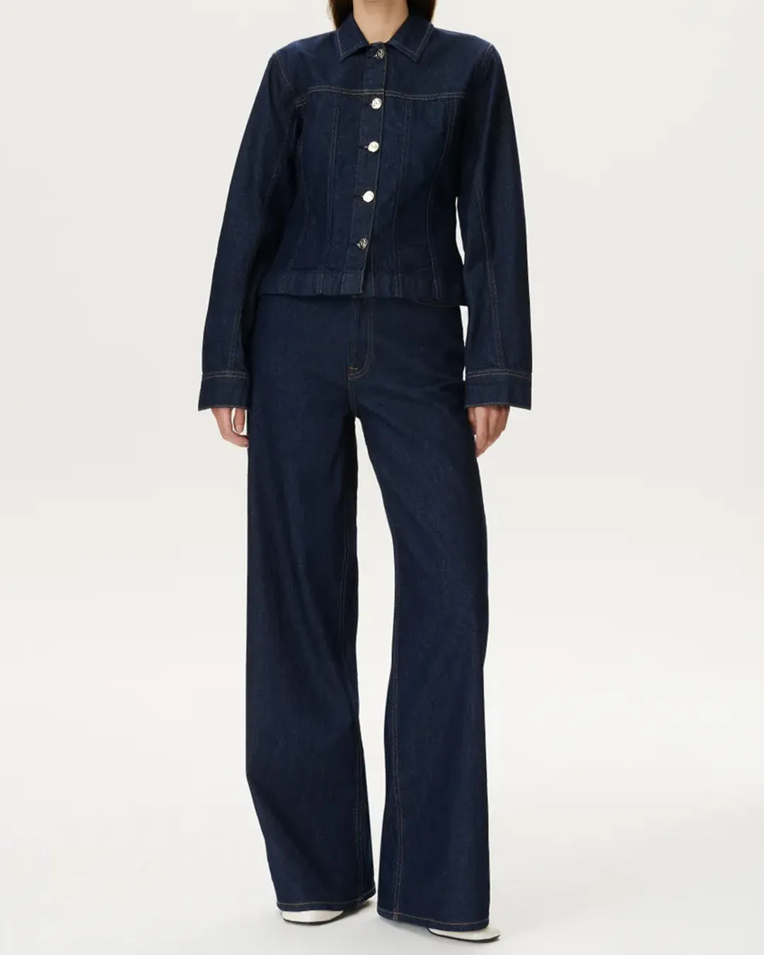 Dark Blue Denim Blouse With Embellished Buttons - Image 3